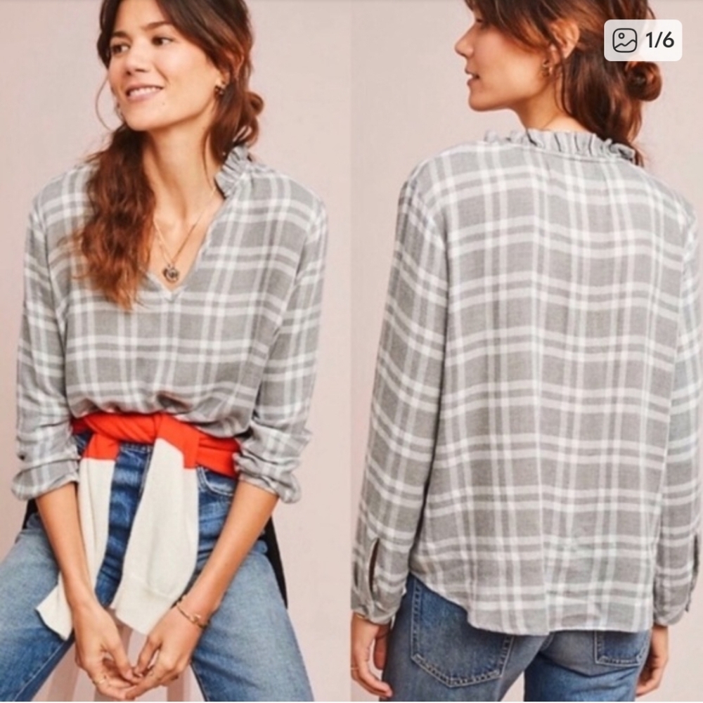 Cloth And Stone Size Large Gray Plaid Women's Top With Subtle Metallic